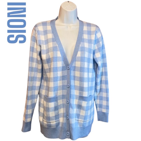 Sioni Sweaters - 𝅺SIONI Preppy Blue & White Checkered Plaid Sweater Cardigan Women’s Small